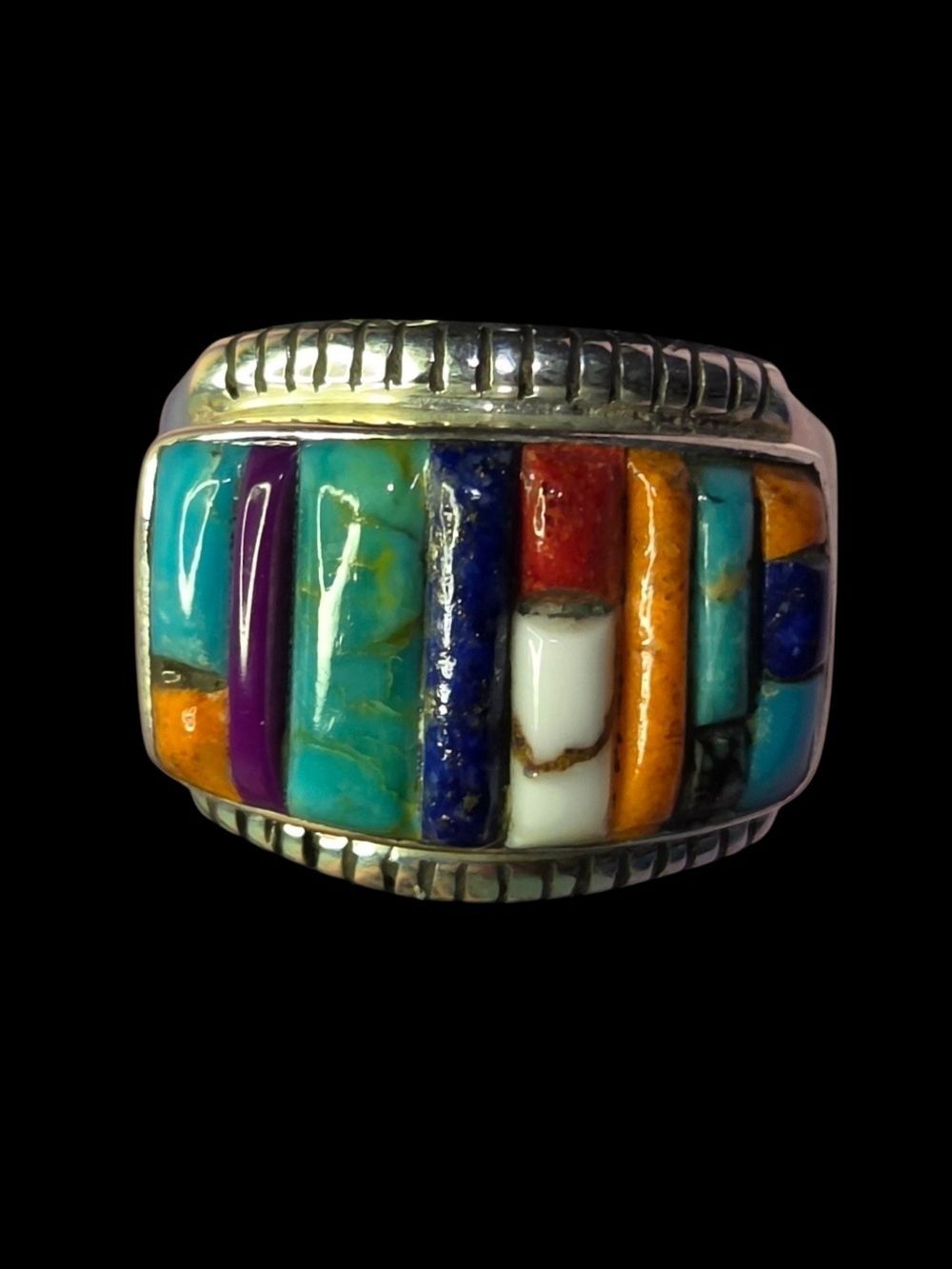 Vintage Sterling Silver Multicolor Multi Stone Inlay Ring Sz 10.5 Heavy NWT